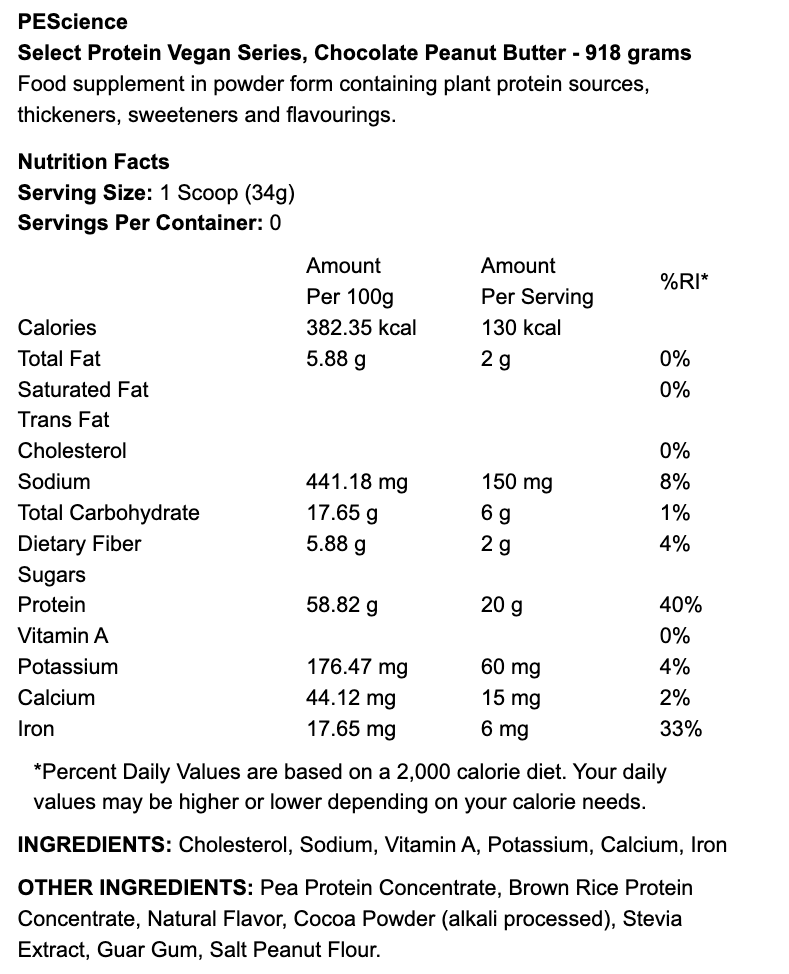 Select Protein Vegan Series, Chocolate Peanut Butter - 918g